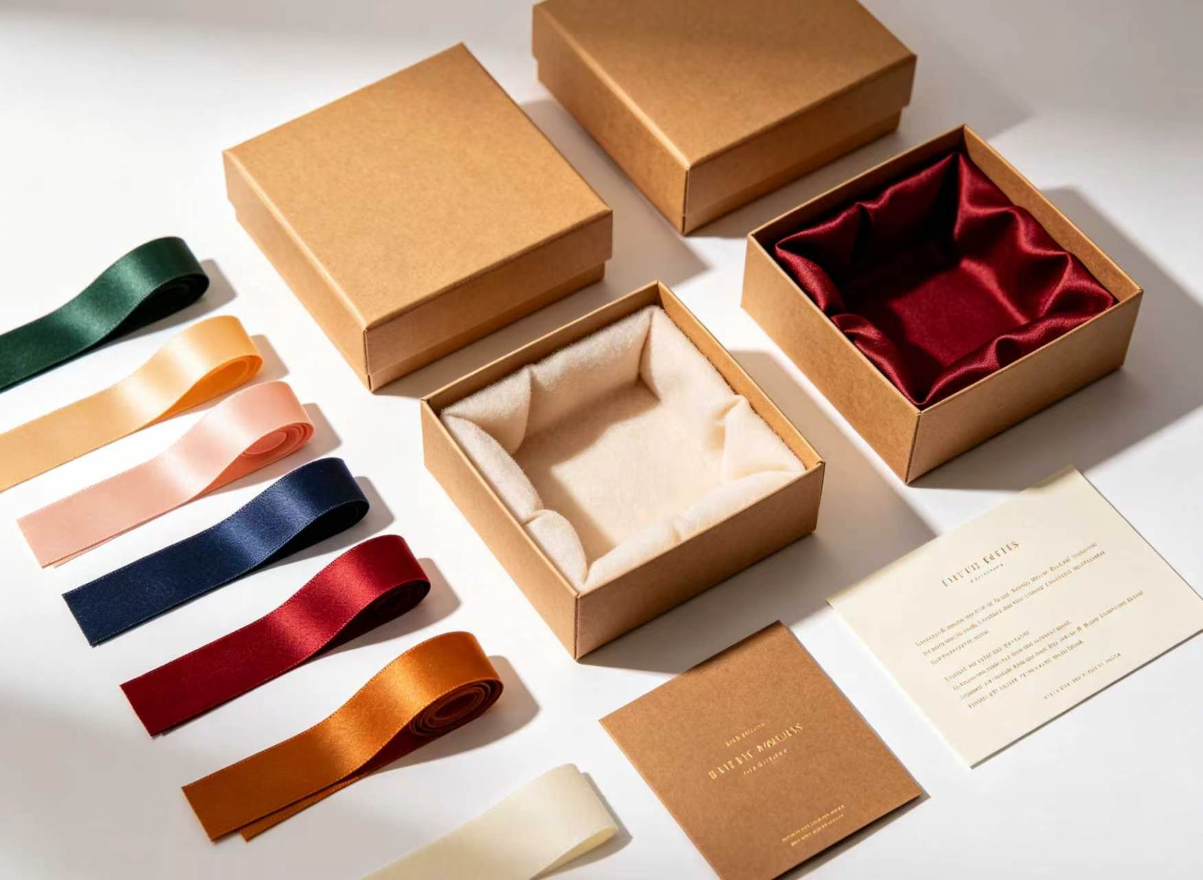 FSC kraft paper gift boxes with satin ribbons, eco-friendly packaging