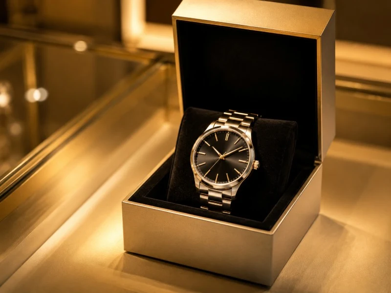 Rigid watch box open showing a steel wristwatch on a velvet cushion — Genesis Bags