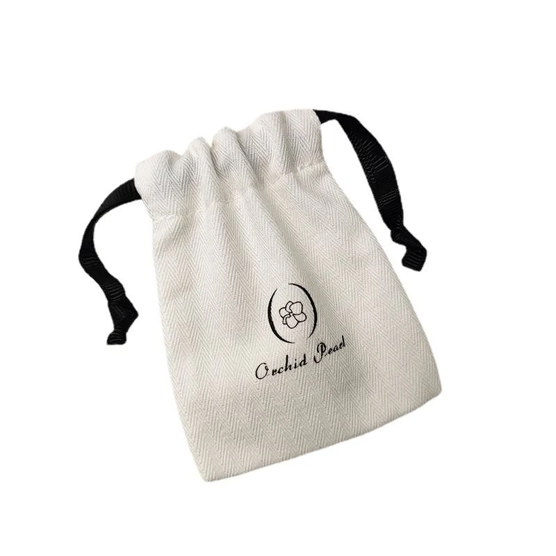 White herringbone cotton drawstring pouch with custom logo