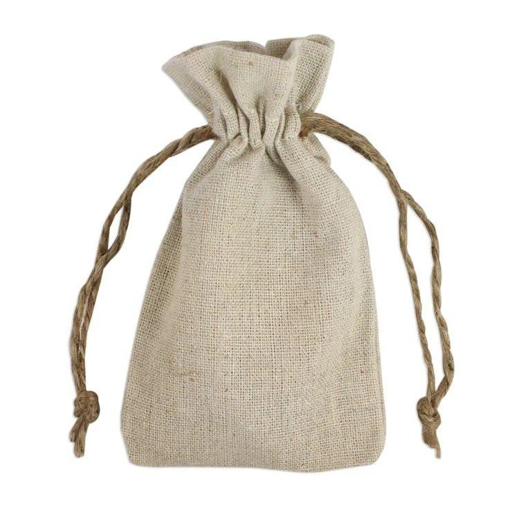 Burlap linen drawstring pouch filled with pearls