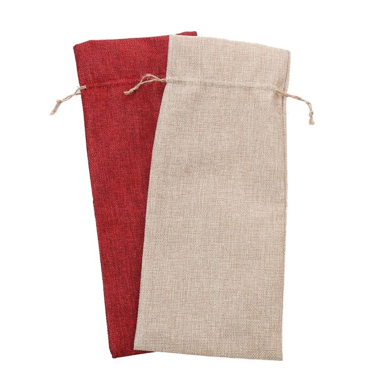 Red linen drawstring pouch with holiday pattern
