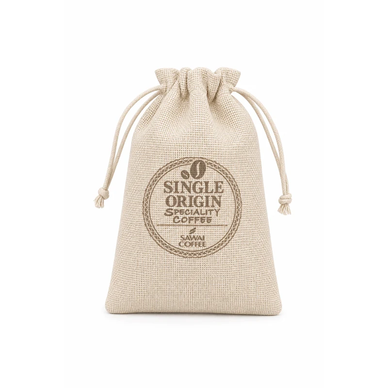 Natural linen drawstring pouch with custom coffee brand logo