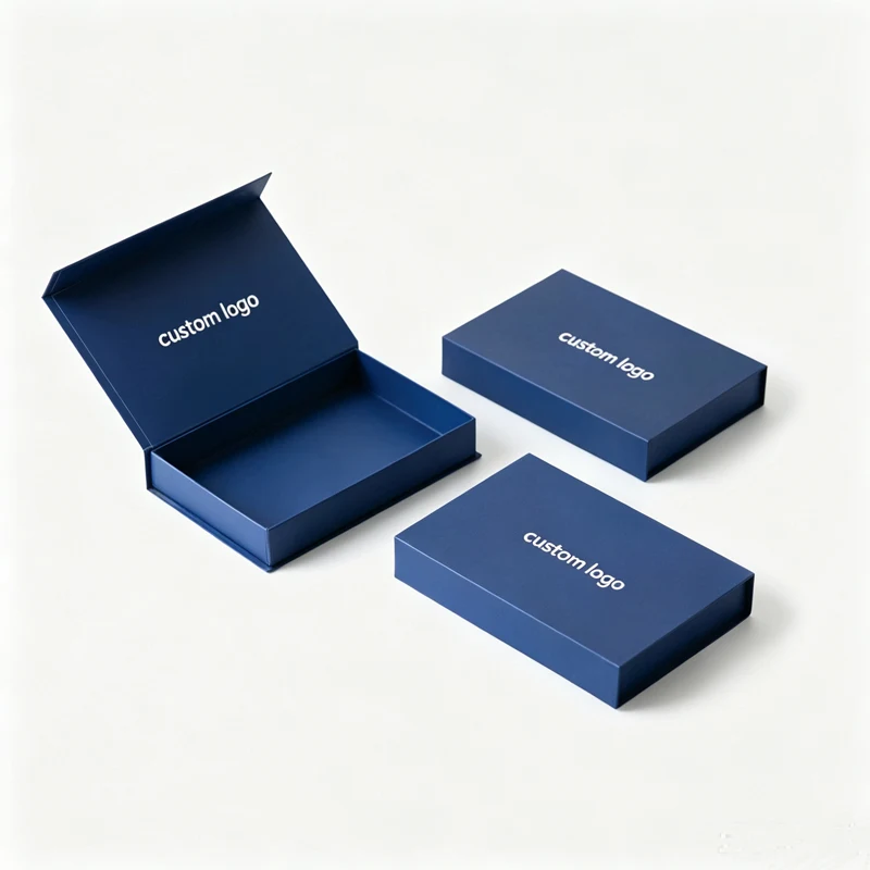Navy blue magnetic gift boxes with custom logo, one shown open