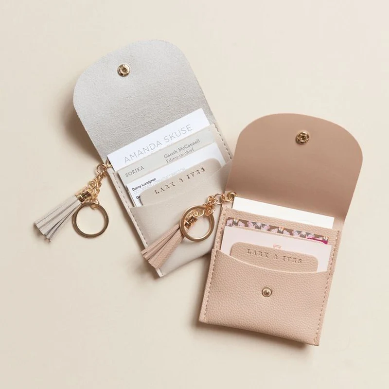 Beige microfiber card holder wallet with keychain tassel