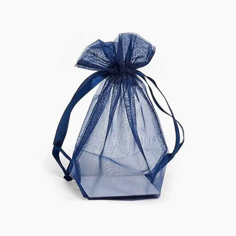 Navy blue sheer organza gift pouch, empty