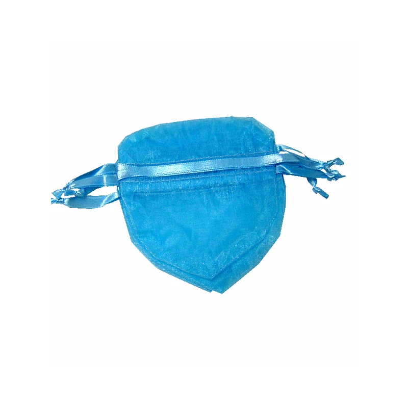 Turquoise heart-shaped organza pouch with ribbon band