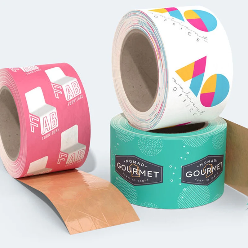 Custom printed packaging tape rolls in multiple brand colors