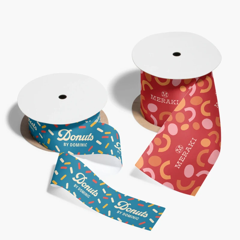 Custom printed satin and paper ribbon spools for gift packaging