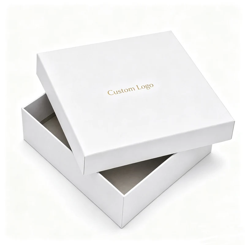 White two-piece rigid gift box with gold foil Custom Logo, lid off
