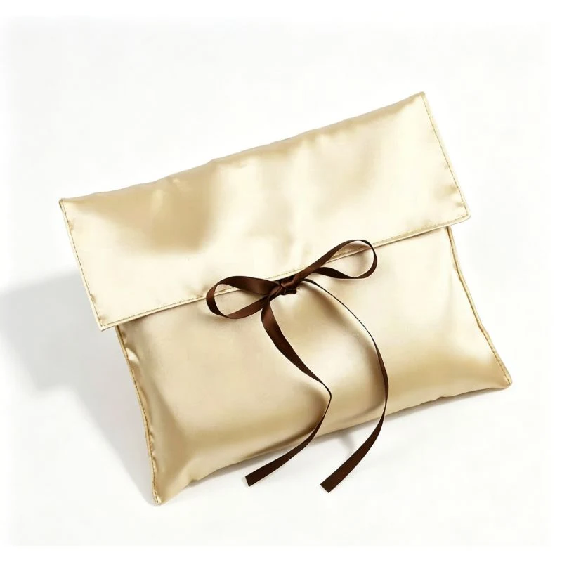 Gold satin flap pouch with ribbon bow