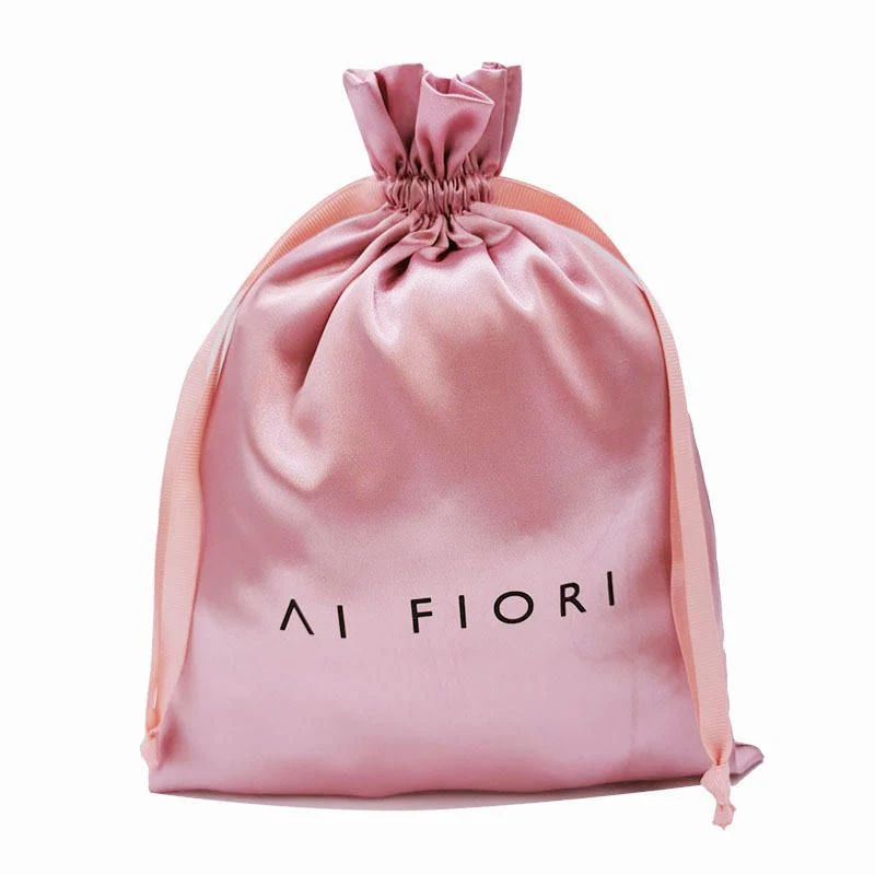 Navy satin pouch with gold ribbon drawstring