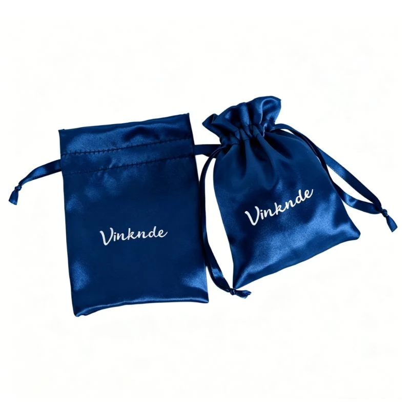 Navy satin pouches in two sizes with custom logo print