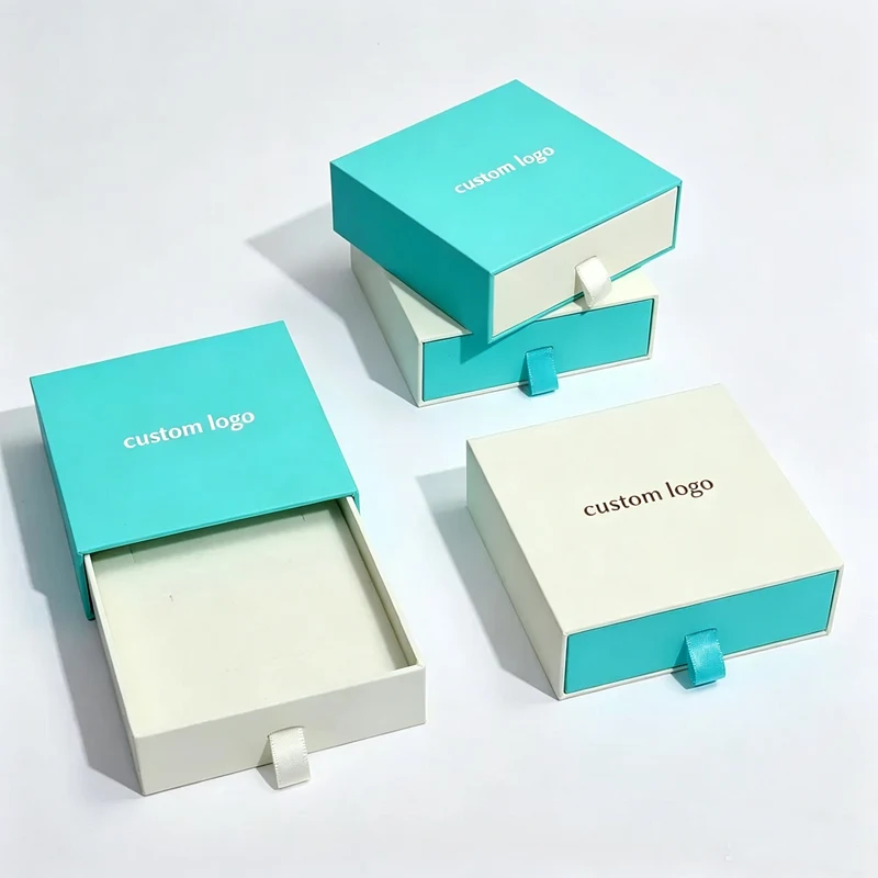 Turquoise and white sliding drawer jewelry boxes with custom logo
