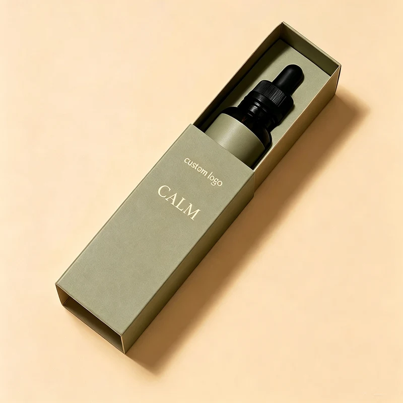 Sage green sliding drawer box for a cosmetic serum bottle